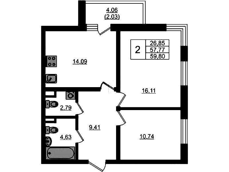 2-комнатная квартира 59.8 м², 1/4 эт., ЖК «Новая история»